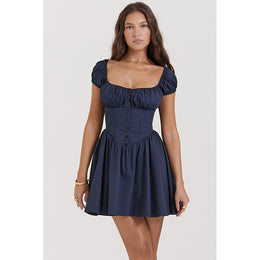 Navy Blue Square Neck Puff Sleeves Corsage Detail Fit & Flare Mini Dress