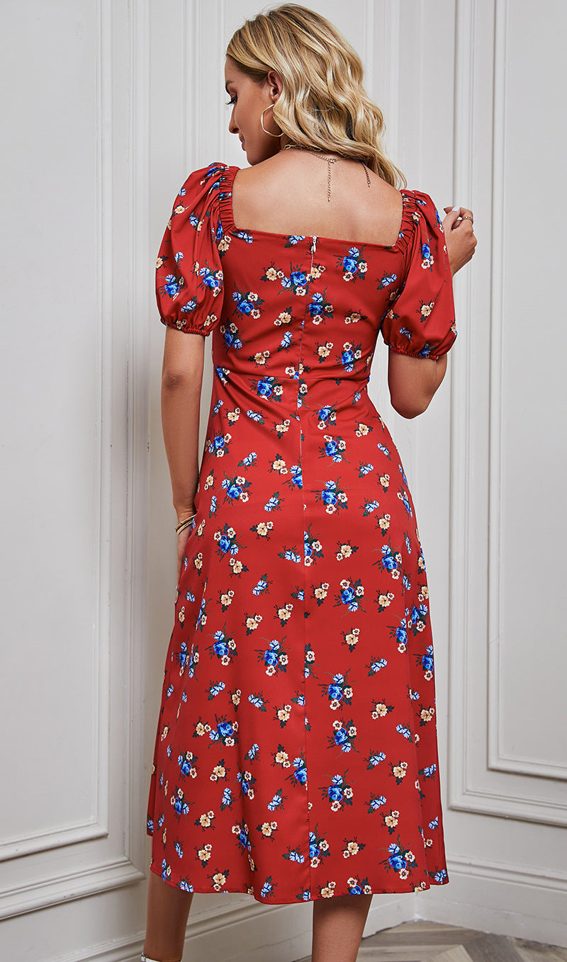 Red Floral Print Off-Shoulder Puff Sleeve A-Line Midi Dress