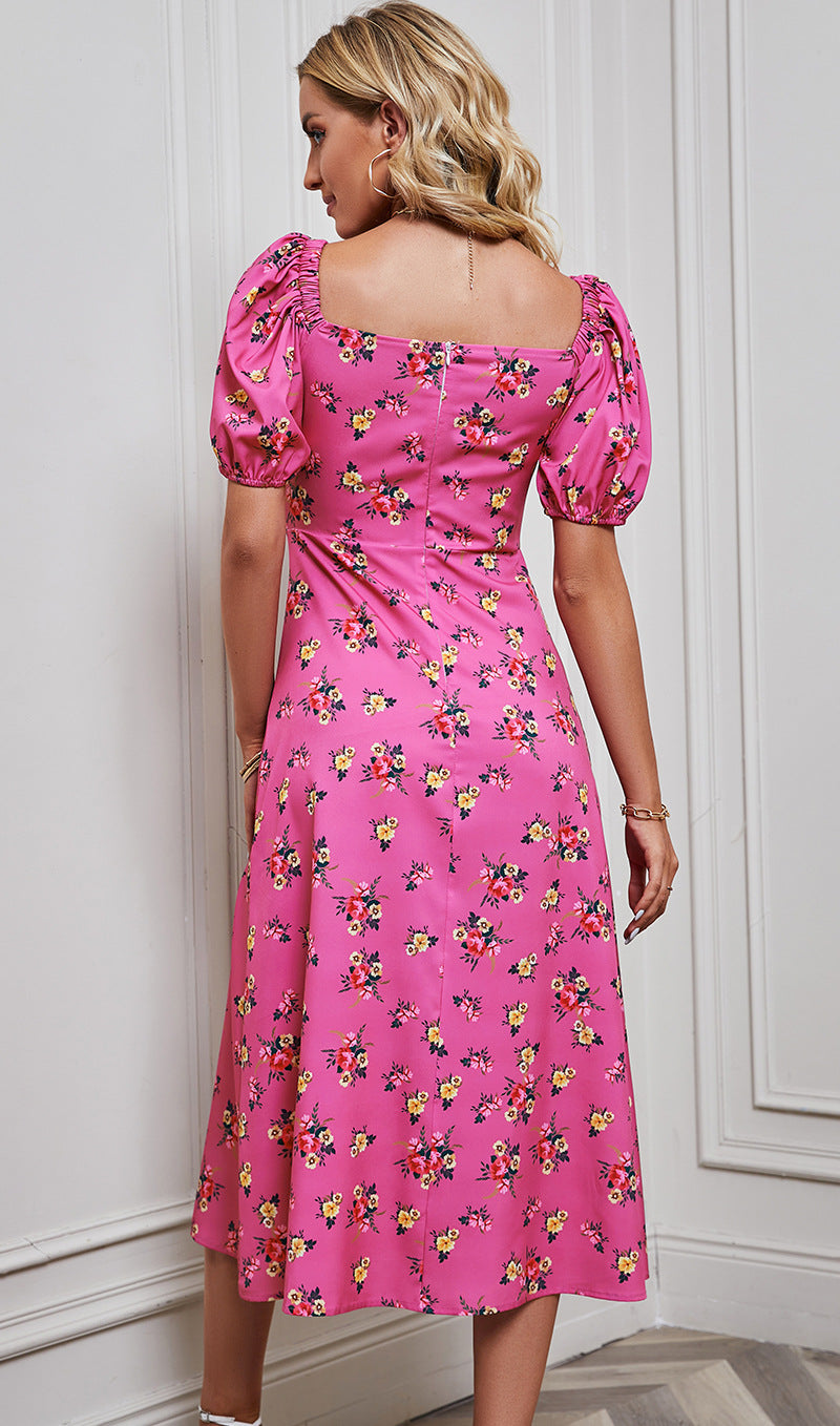 Floral Print Puff Sleeve A-Line Dress