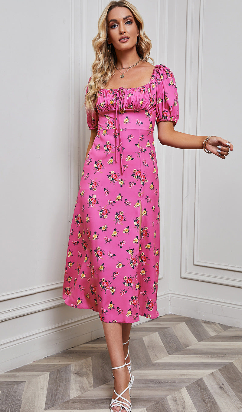 Floral Print Puff Sleeve A-Line Dress