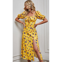 Yellow Square Neck Floral Print Puff Sleeve Maxi Midi Dress