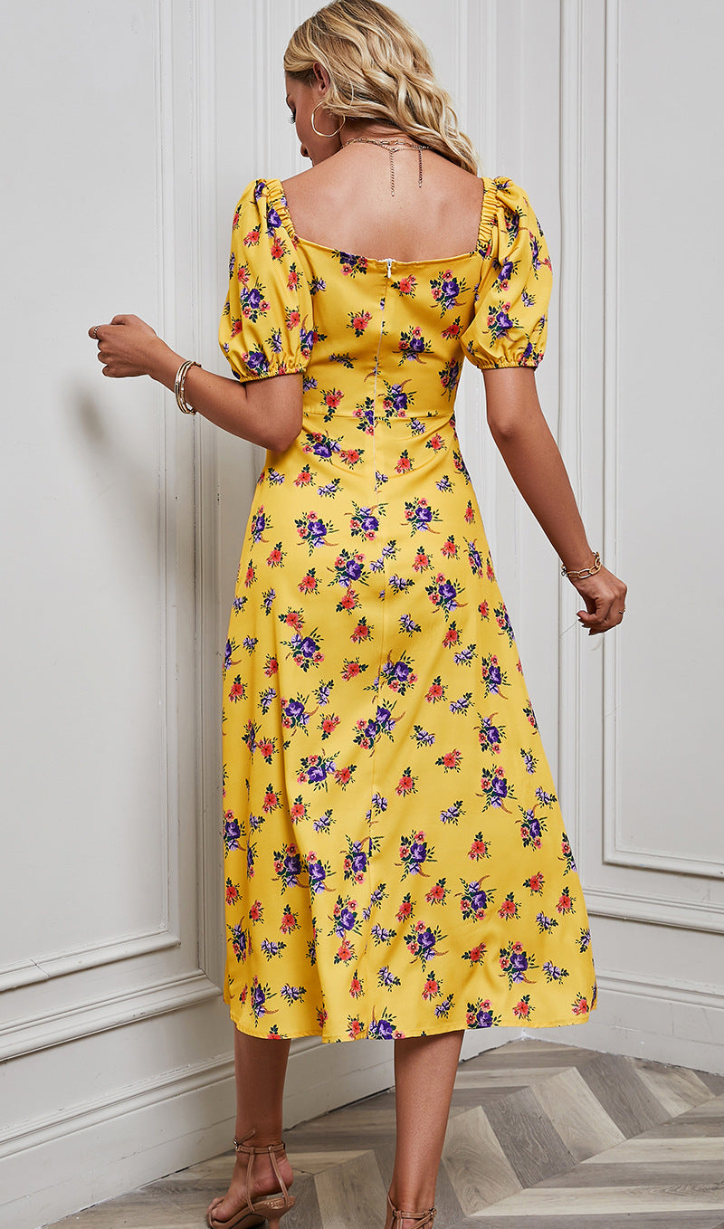 Yellow Square Neck Floral Print Puff Sleeve Maxi Midi Dress