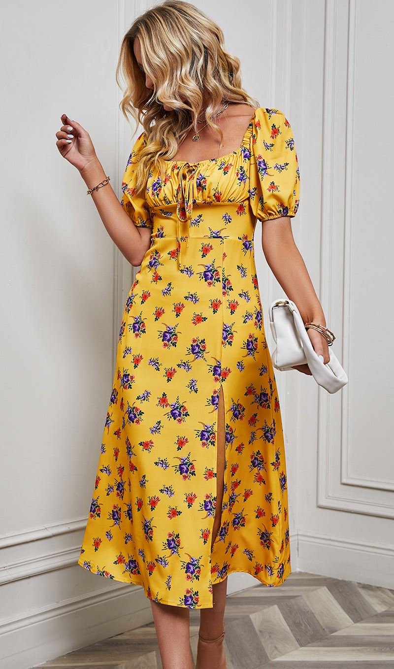 Yellow Square Neck Floral Print Puff Sleeve Maxi Midi Dress