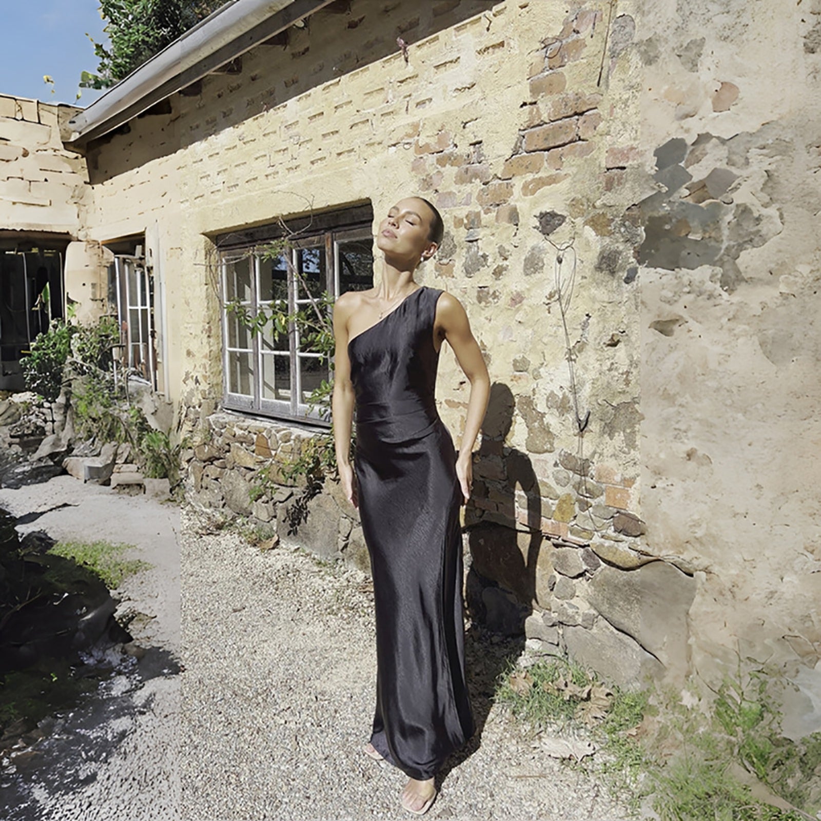 Women One Shoulder Sleeveless Sheath Maxi Dress