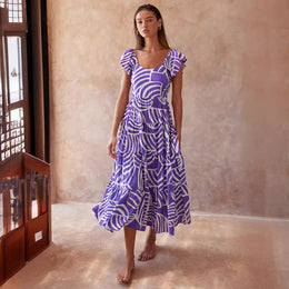 Women Square Neck Abstract Printed Layered Fit and Flare Midi Dress