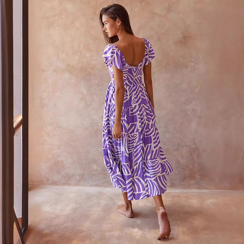 Women Square Neck Abstract Printed Layered Fit and Flare Midi Dress