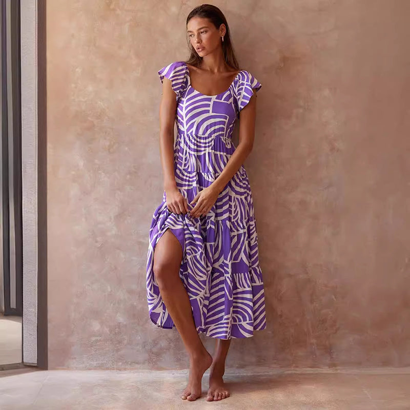 Women Square Neck Abstract Printed Layered Fit and Flare Midi Dress