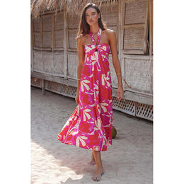 Fuchsia Pink Floral Printed Halter Neck A-Line Midi Dress