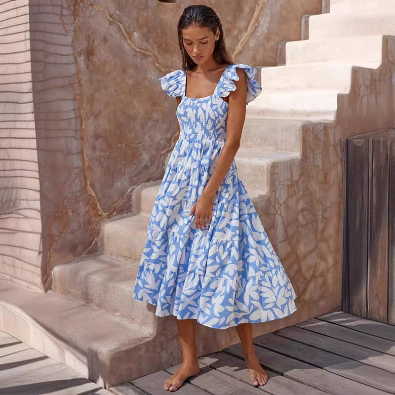 Women Square Neck Abstract Print Layered Fit and Flare Midi Dress