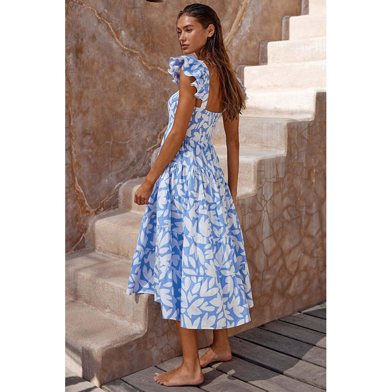 Women Square Neck Abstract Print Layered Fit and Flare Midi Dress