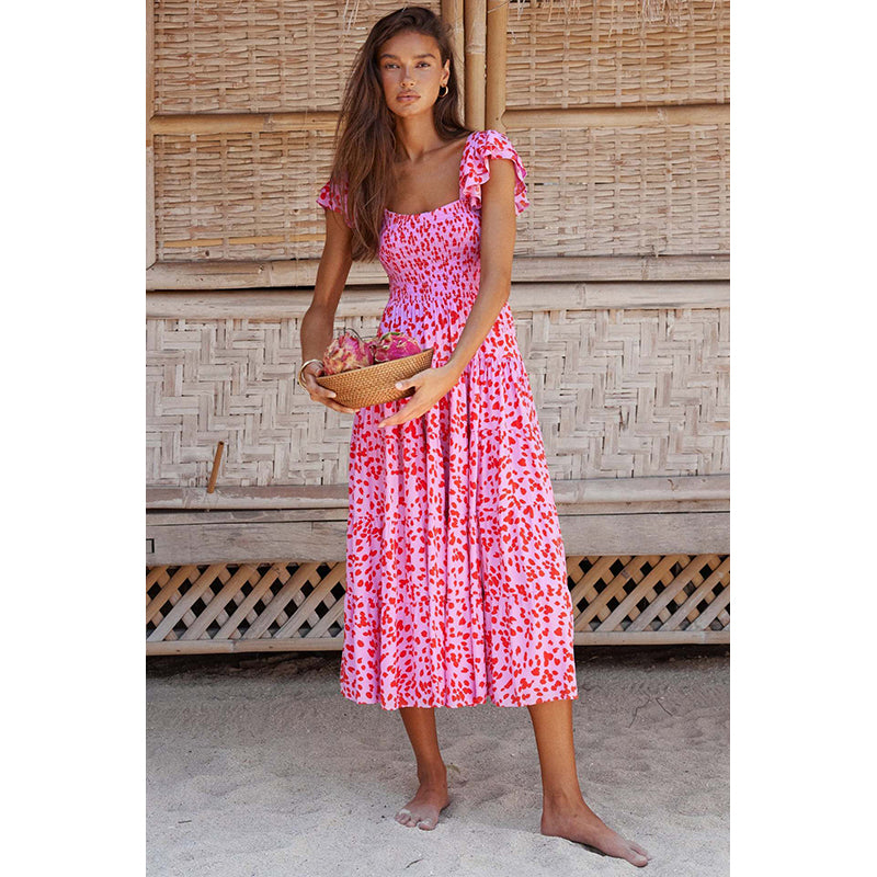 Women Square Neck Flutter Sleeves Floral Print Layered Maxi Midi Dress