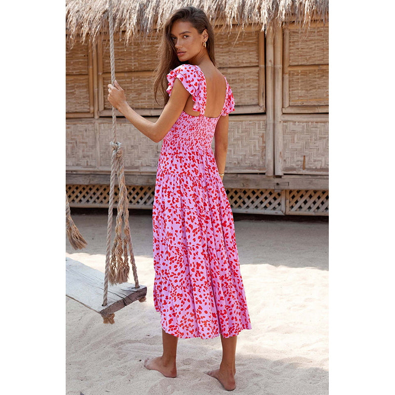 Women Square Neck Flutter Sleeves Floral Print Layered Maxi Midi Dress