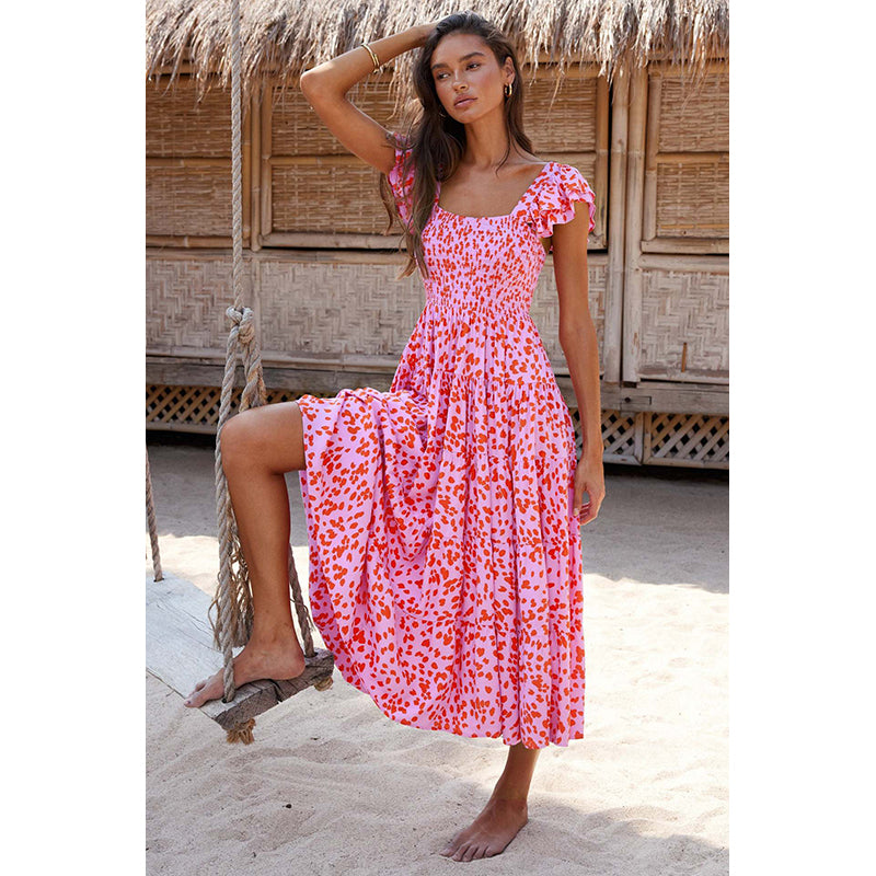 Women Square Neck Flutter Sleeves Floral Print Layered Maxi Midi Dress