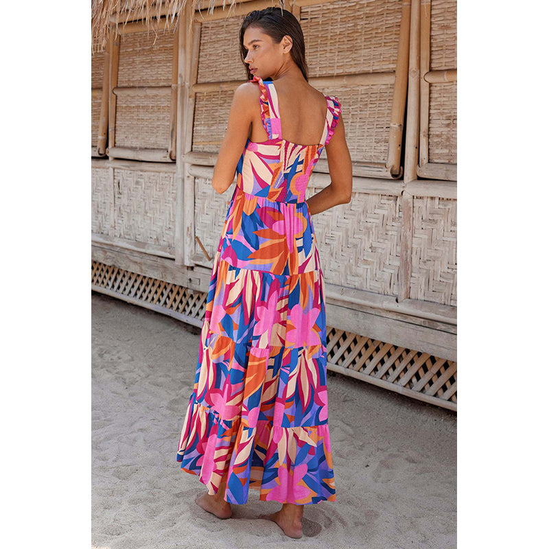 Floral Printed Flutter Sleeves Tiered Fit & Flare Maxi Dress
