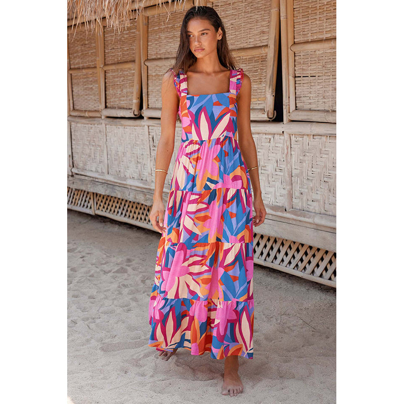 Floral Printed Flutter Sleeves Tiered Fit & Flare Maxi Dress