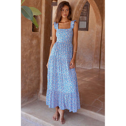 Square Neck Sleeveless Abstract Print Layered Fit and Flare Maxi Dress