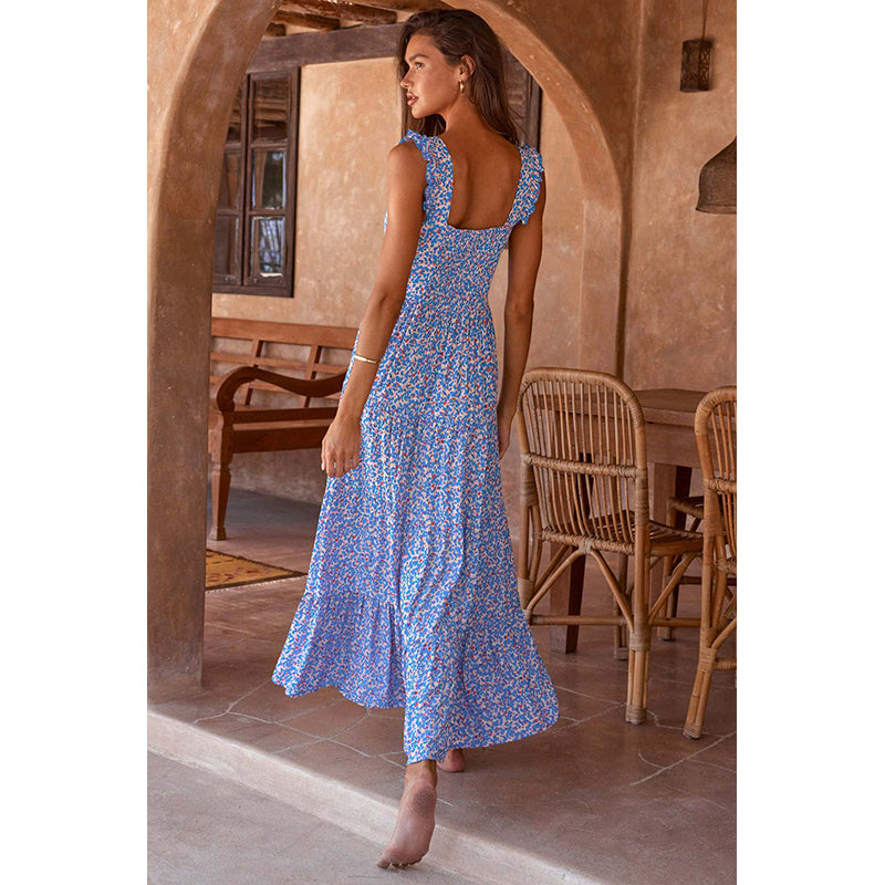 Square Neck Sleeveless Abstract Print Layered Fit and Flare Maxi Dress