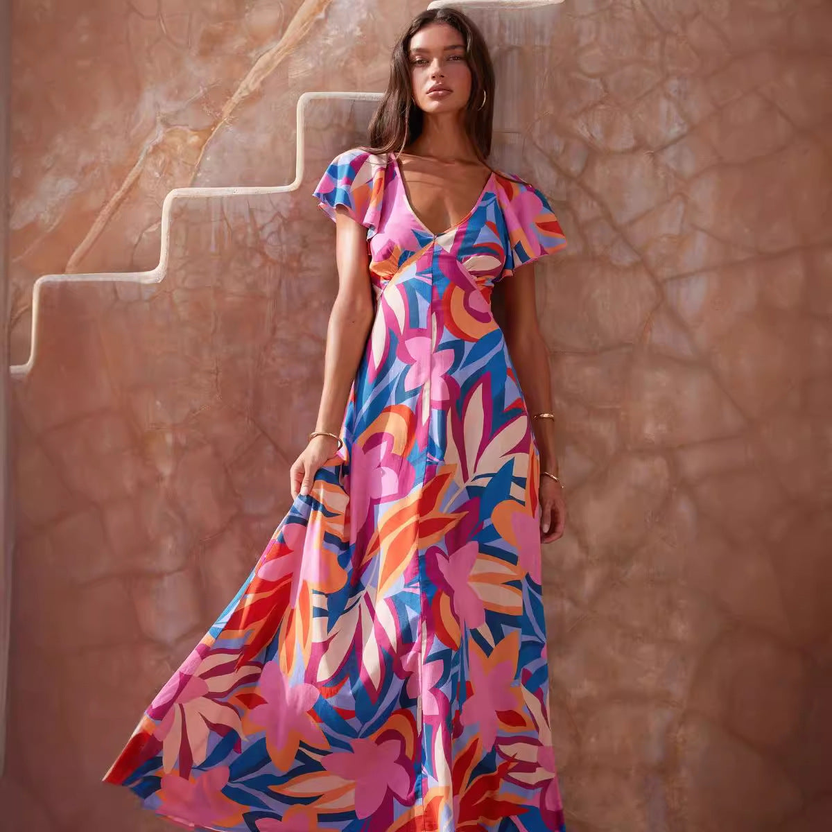 Fuchsia Abstract Print Maxi Dress