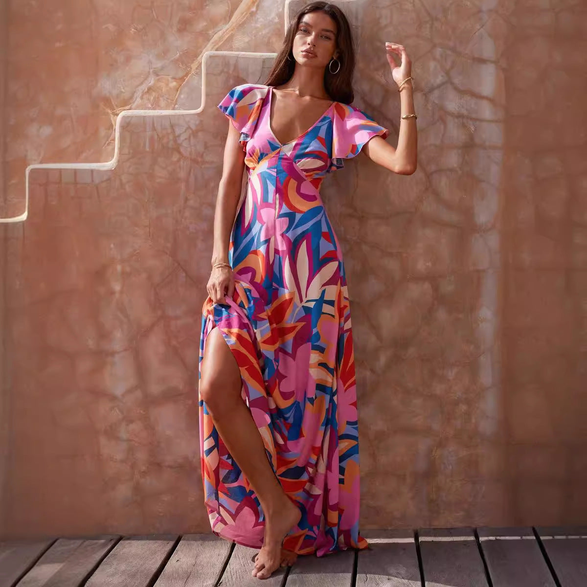 Fuchsia Abstract Print Maxi Dress