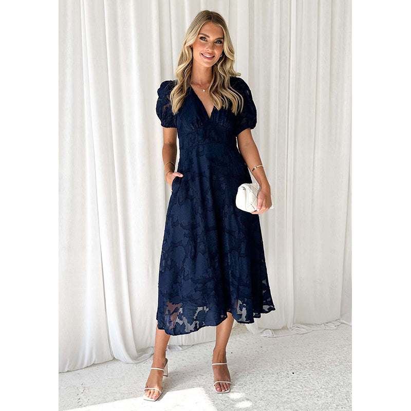 Women V-Neck Puff Sleeves Floral Self Design Fit & Flare Midi Dress