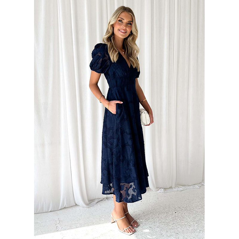 Women V-Neck Puff Sleeves Floral Self Design Fit & Flare Midi Dress