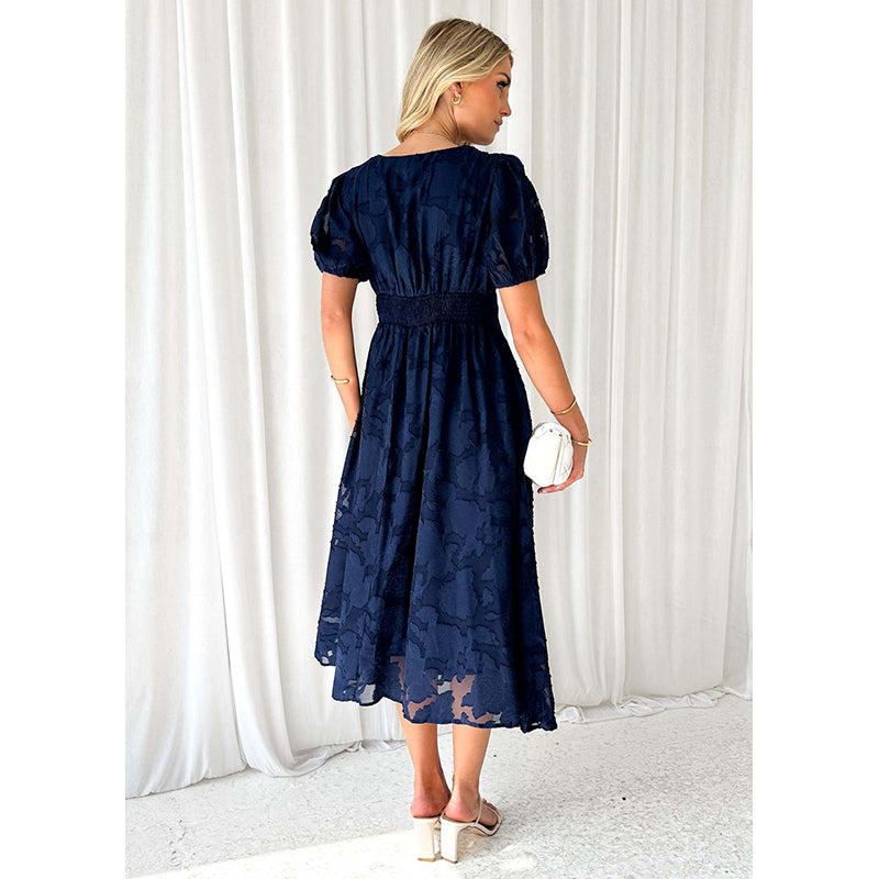 Women V-Neck Puff Sleeves Floral Self Design Fit & Flare Midi Dress