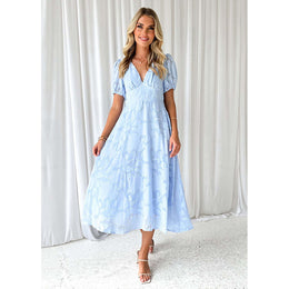 Women V-Neck Puff Sleeves Self Design Fit and Flare Dress