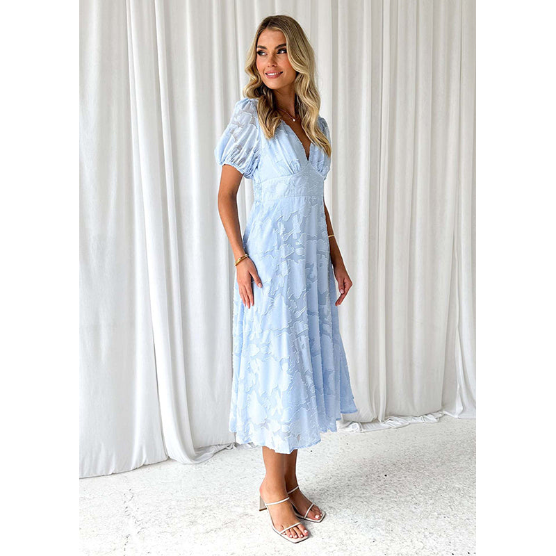 Women V-Neck Puff Sleeves Self Design Fit and Flare Dress