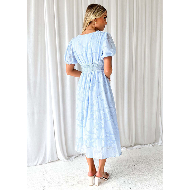 Women V-Neck Puff Sleeves Self Design Fit and Flare Dress