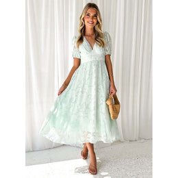 Women V-Neck Puff Sleeves Floral Self Design Fit & Flare Maxi Dress