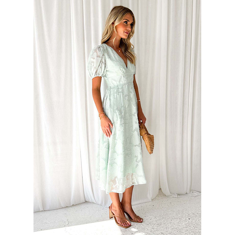 Women V-Neck Puff Sleeves Floral Self Design Fit & Flare Maxi Dress