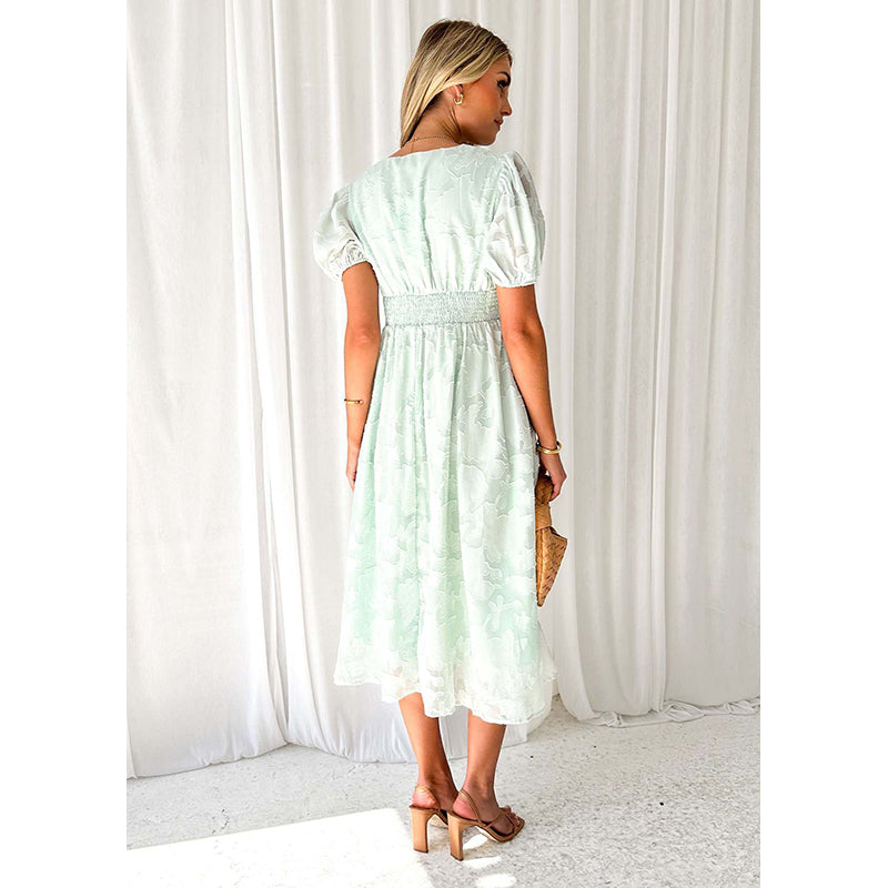 Women V-Neck Puff Sleeves Floral Self Design Fit & Flare Maxi Dress