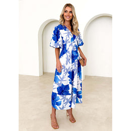 Women V-Neck Puff Sleeves Floral Printed Fit and Flare Dress