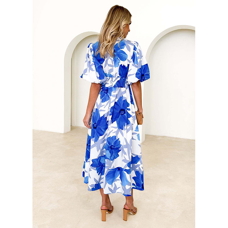 Women V-Neck Puff Sleeves Floral Printed Fit and Flare Dress