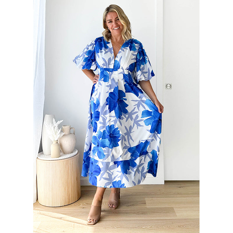Women V-Neck Puff Sleeves Floral Printed Fit and Flare Dress