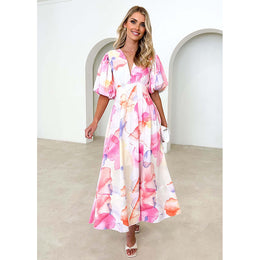Women V-Neck Puff Sleeves Abstract Print Maxi Dress