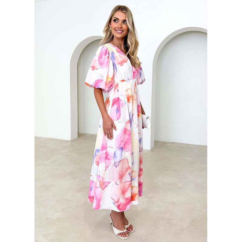 Women V-Neck Puff Sleeves Abstract Print Maxi Dress