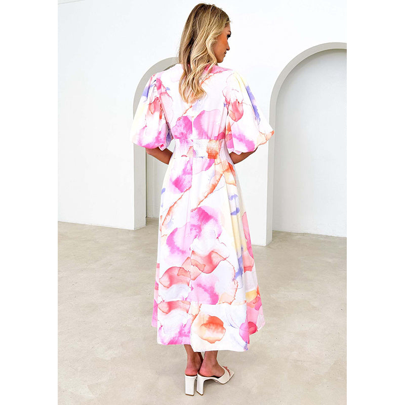 Women V-Neck Puff Sleeves Abstract Print Maxi Dress