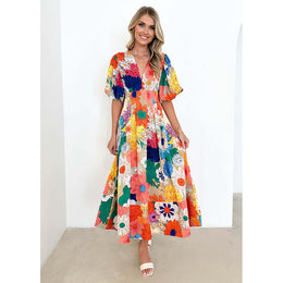 Women V-Neck Floral Printed Fit and Flare Dress