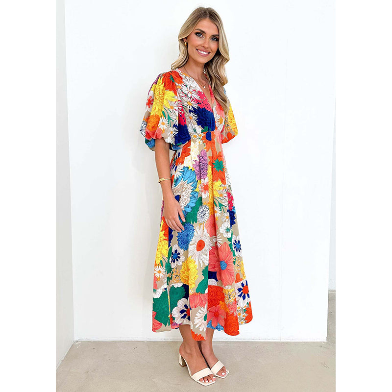 Women V-Neck Floral Printed Fit and Flare Dress