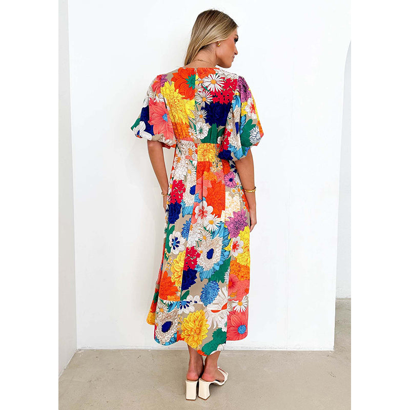 Women V-Neck Floral Printed Fit and Flare Dress