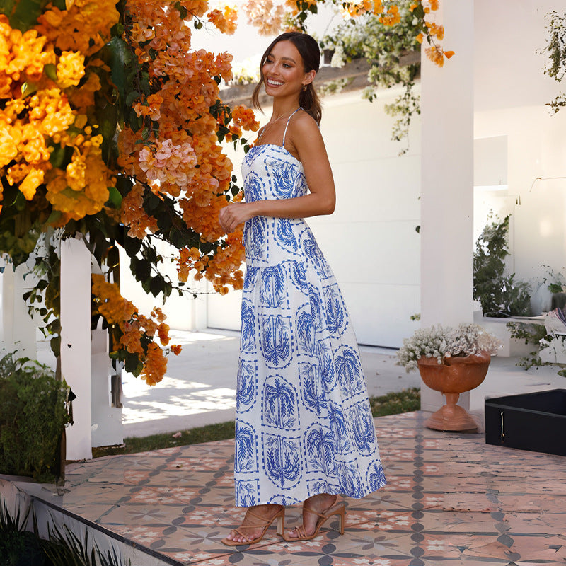 Women Halter Neck Tropical Print Maxi Dress