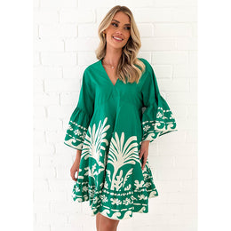 Print Bell Sleeve A-Line Dress