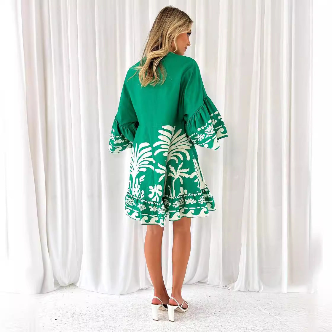 Print Bell Sleeve A-Line Dress