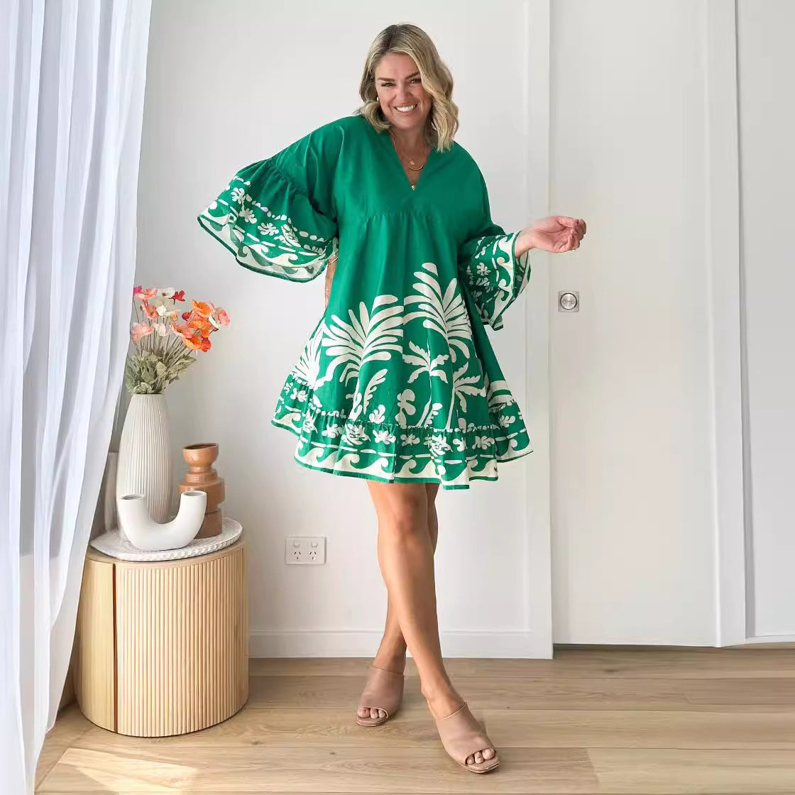 Print Bell Sleeve A-Line Dress