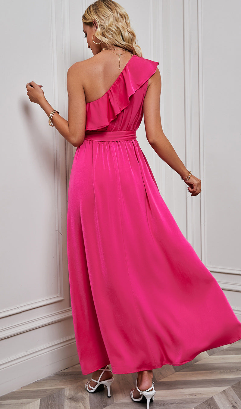 One Shoulder Ruffles Maxi Dress With Belt