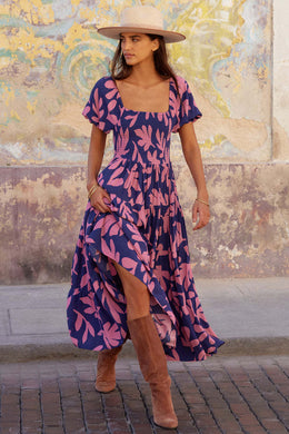 Purple Floral Printed Puff Sleeves Maxi Dress