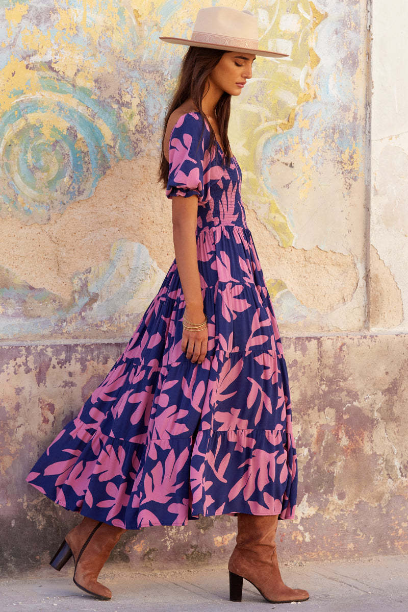 Purple Floral Printed Puff Sleeves Maxi Dress