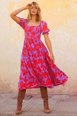 Fuchsia Floral Printed Puff Sleeves Smocked Fit And Flare Dress