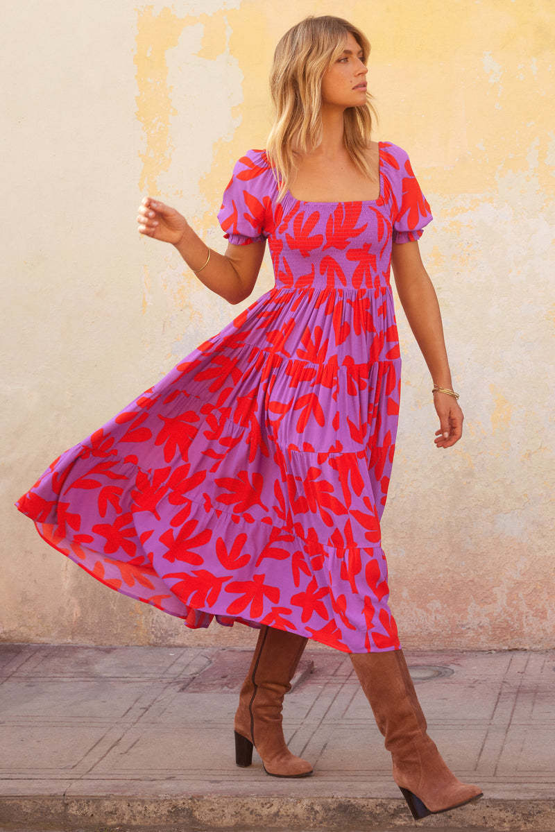 Fuchsia Floral Printed Puff Sleeves Smocked Fit And Flare Dress